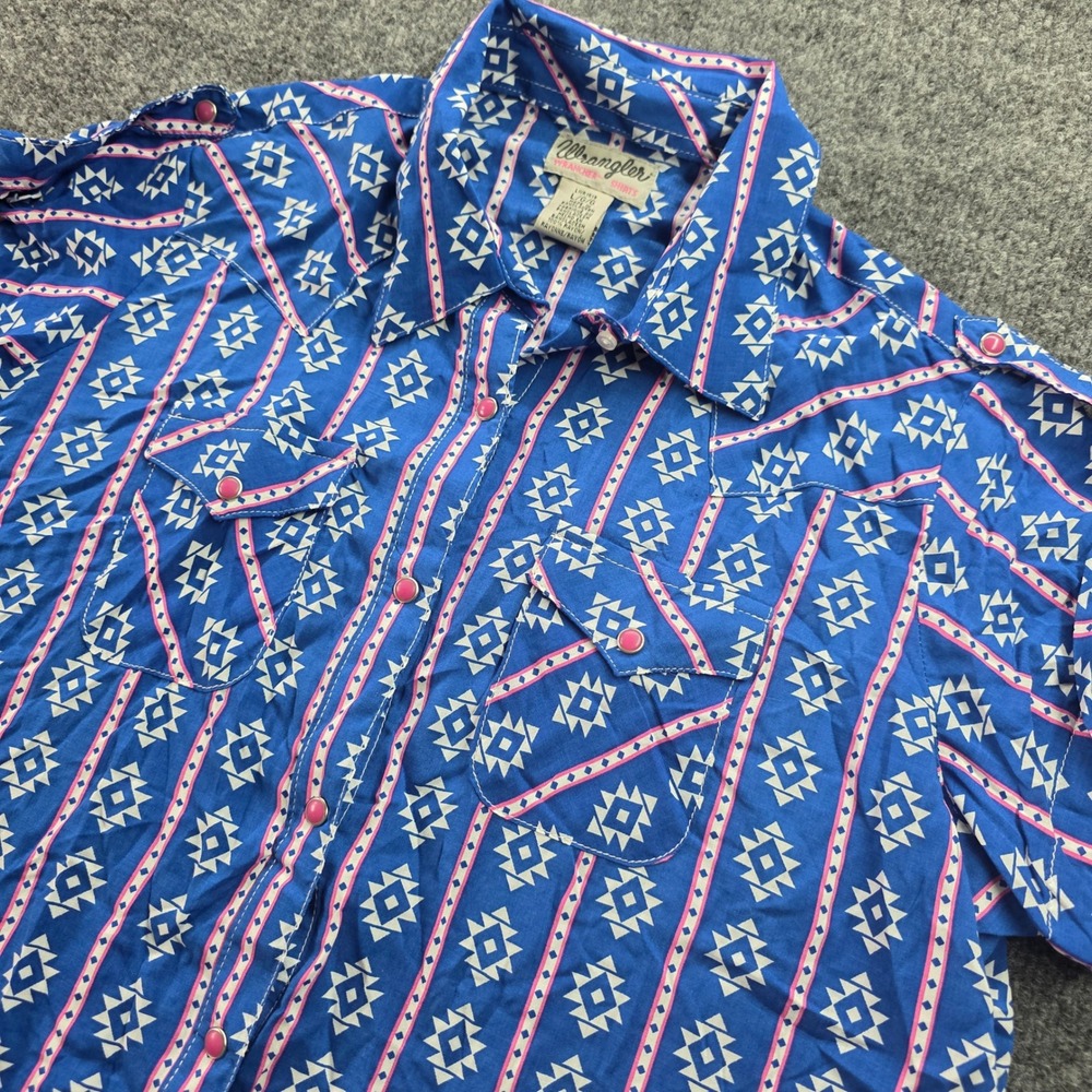 Wrangler Western Shirt Aztec Pearl Snap Rayon Geometric Blue Pink Large Womens‎